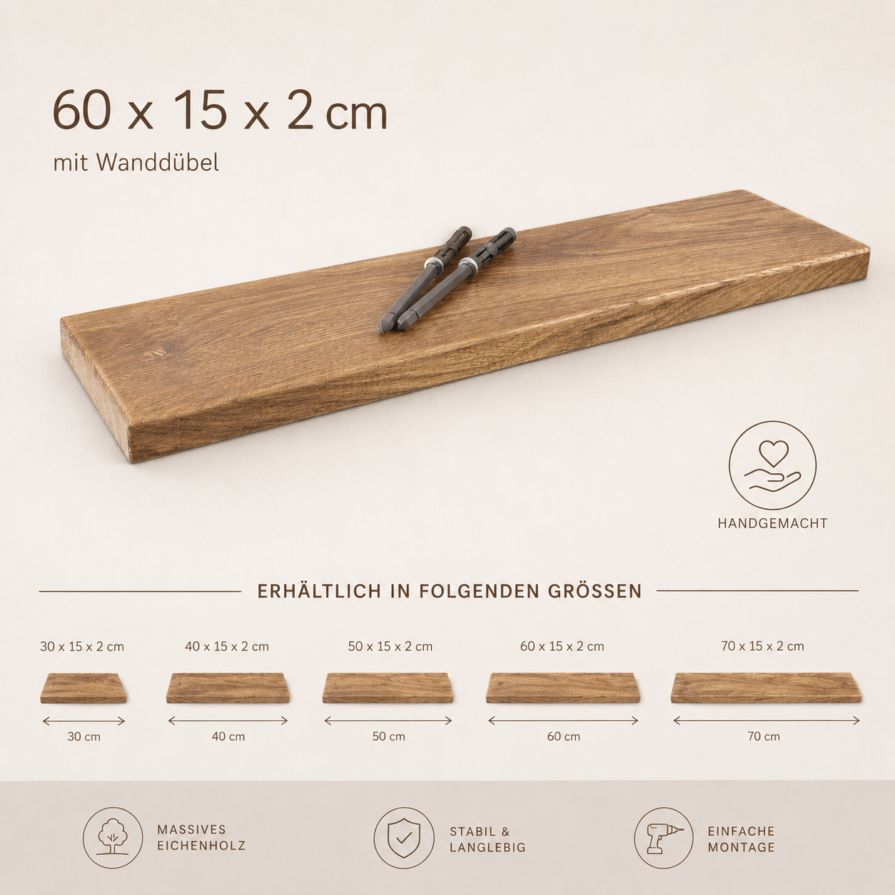Schwebendes Wandregal aus Eiche – Massives Holzregal für Bücher, Pflanzen & Deko | Unsichtbare Halterung | Modern und Minimalistisch