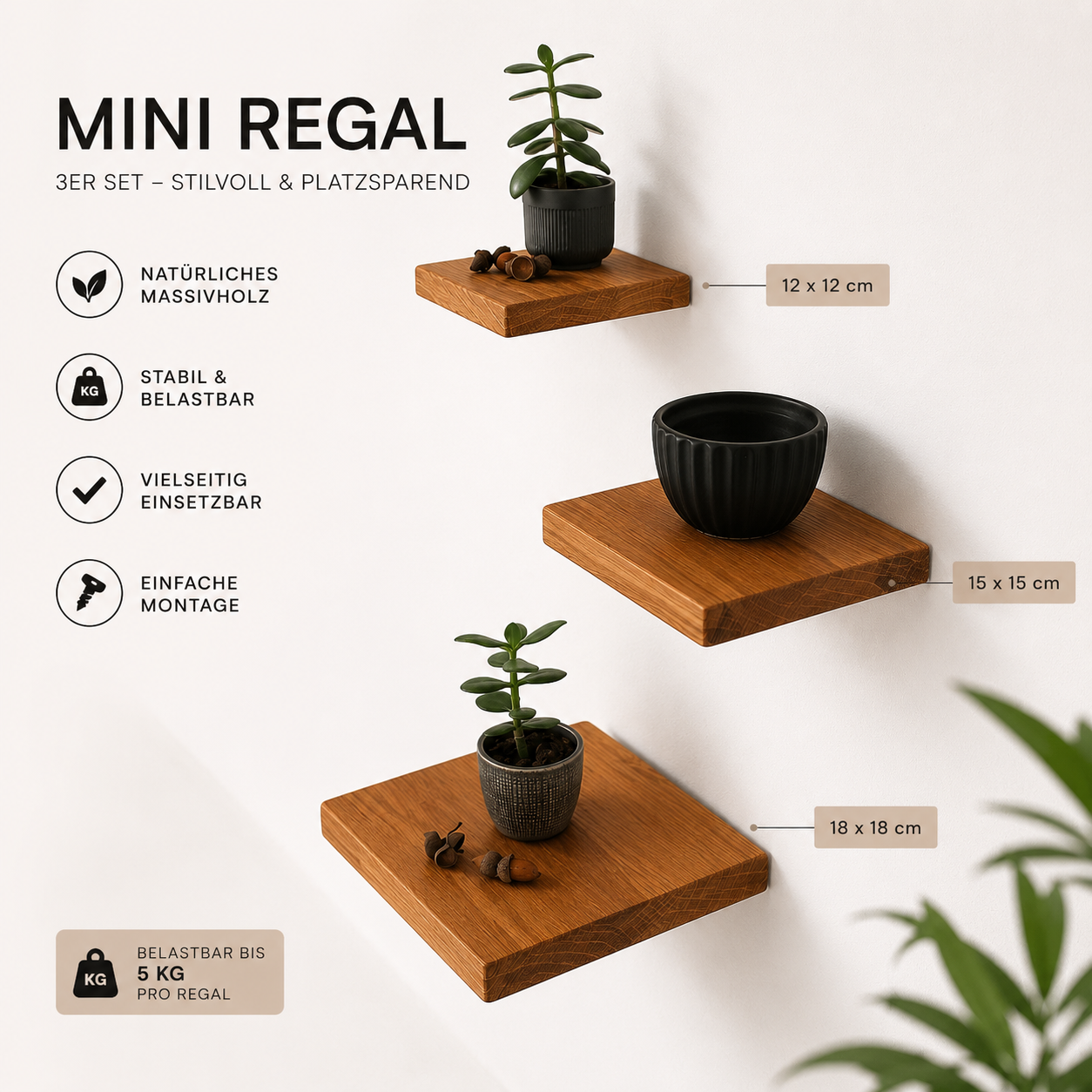 Schwebendes Wandregal Eiche Massiv | Handgefertigt Minimalistisch | Holzregal Wand Küche Bad | Pflanzenhalter Einzugsgeschenk | HlzLaden