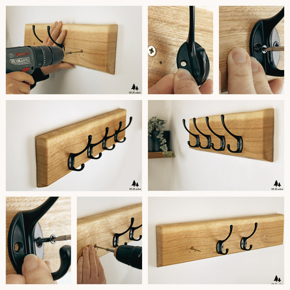 Garderobe mit rustikaler Waldkante und schwarzen Schwanenhals Haken