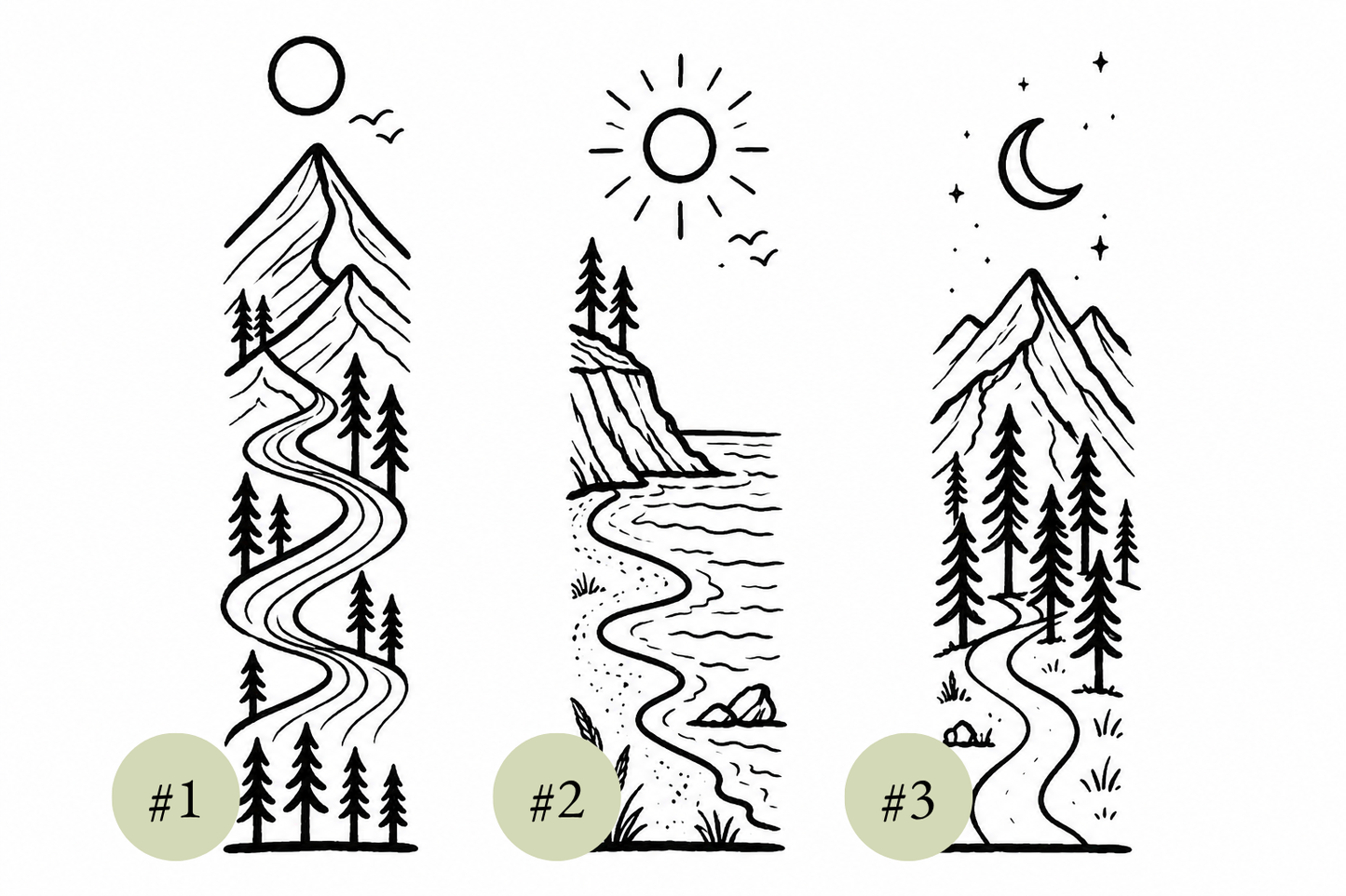Wandbilder Eiche 3er-Set mit Lasergravur – Berge, Meer & Mond