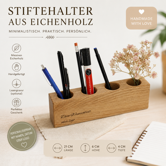 Stiftehalter aus Eichenholz  – personalisierbar mit Gravur | Holz Stifteorganizer | Geschenk Büro Deko