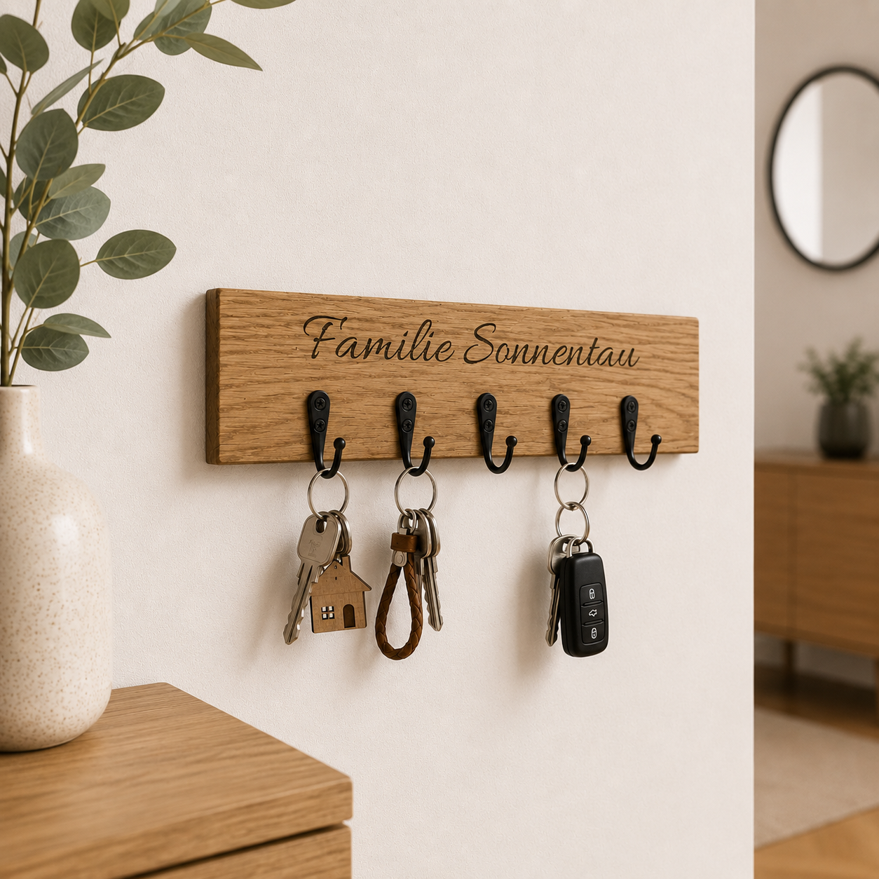 Schlüsselbrett Eiche Massiv mit schwarzen Haken | optional mit Gravur | Schlüsselleiste Flur 20-40 cm | handgefertigt | HlzLaden