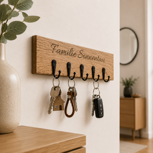 Schlüsselbrett Eiche Massiv mit schwarzen Haken | optional mit Gravur | Schlüsselleiste Flur 20-40 cm | handgefertigt | HlzLaden