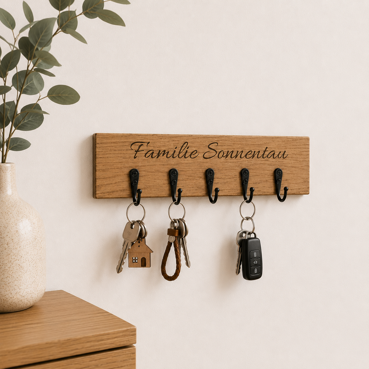 Schlüsselbrett Eiche Massiv mit schwarzen Haken | optional mit Gravur | Schlüsselleiste Flur 20-40 cm | handgefertigt | HlzLaden