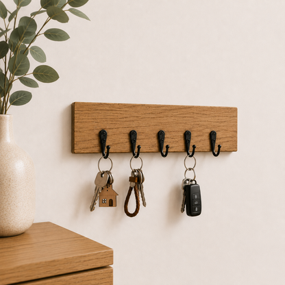 Schlüsselbrett Eiche Massiv mit schwarzen Haken | optional mit Gravur | Schlüsselleiste Flur 20-40 cm | handgefertigt | HlzLaden