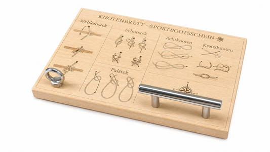 Knotenbrett Sportbootsschein Buche | lasergraviert Schritt für Schritt | inkl. Reling, Auge & 2 Seile | SBF Übungsbrett | handgefertigt