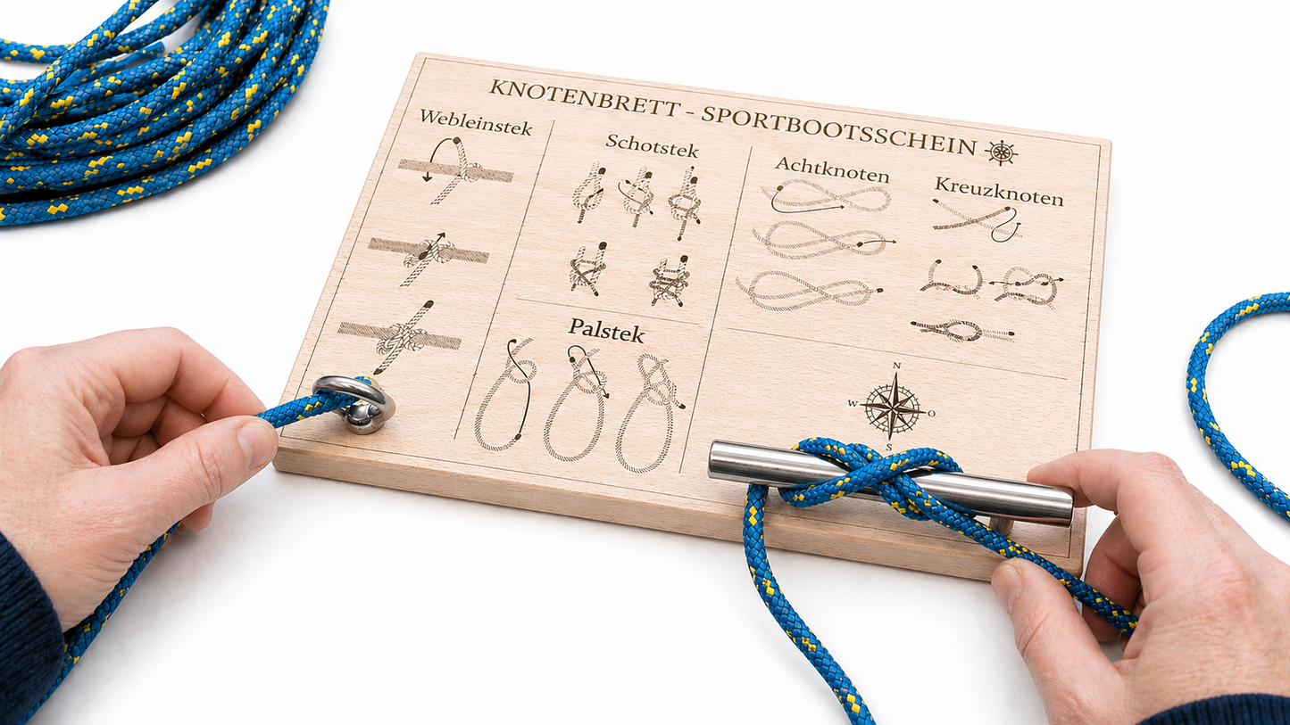 Hände üben einen Knoten am lasergravierten Knotenbrett aus Buche, mit blauem Übungsseil an Reling und Ösenhaken.