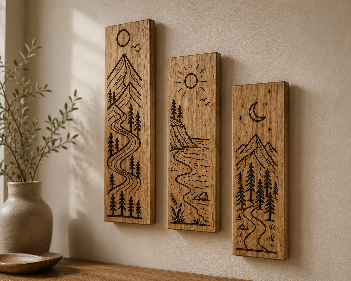 Wandbilder Eiche 3er-Set mit Lasergravur – Berge, Meer & Mond