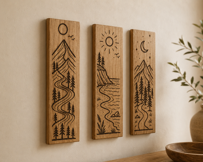 Wandbilder Eiche 3er-Set mit Lasergravur – Berge, Meer & Mond