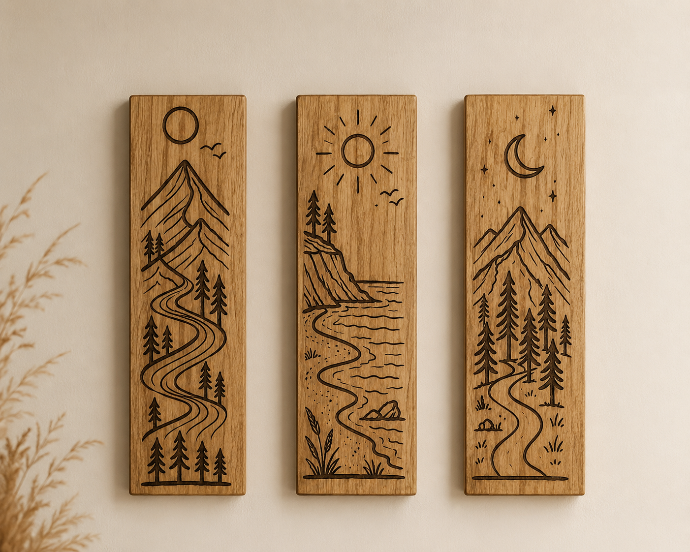 Wandbilder Eiche 3er-Set mit Lasergravur – Berge, Meer & Mond