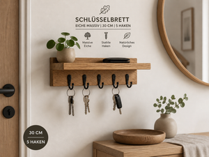 Schlüsselbrett Eiche | mit Ablage & 3-7 Haken | Schlüsselleiste Massivholz geölt | Flur Garderobe modern | handgefertigt