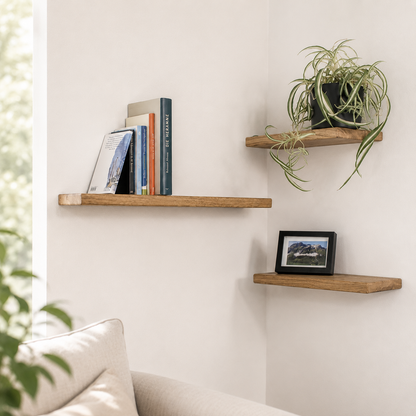 Schwebendes Wandregal aus Eiche – Massives Holzregal für Bücher, Pflanzen & Deko | Unsichtbare Halterung | Modern und Minimalistisch