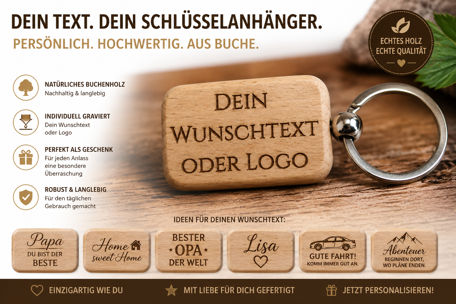 Nahaufnahme der individuellen Gravur auf Schlüsselanhänger.