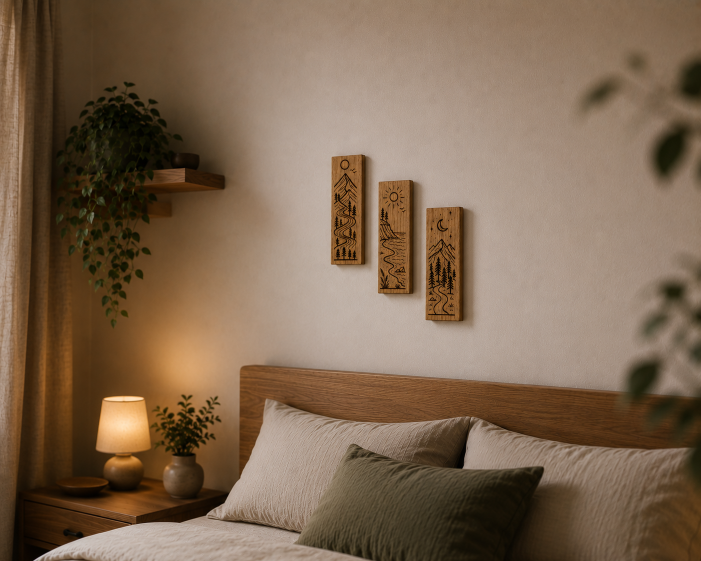 Wandbilder Eiche 3er-Set mit Lasergravur – Berge, Meer & Mond