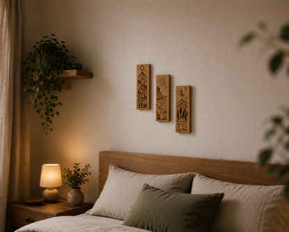 Wandbilder Eiche 3er-Set mit Lasergravur – Berge, Meer & Mond