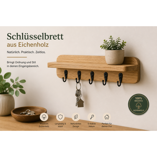 Schlüsselbrett Eiche – mit Ablage & 3-7 Haken