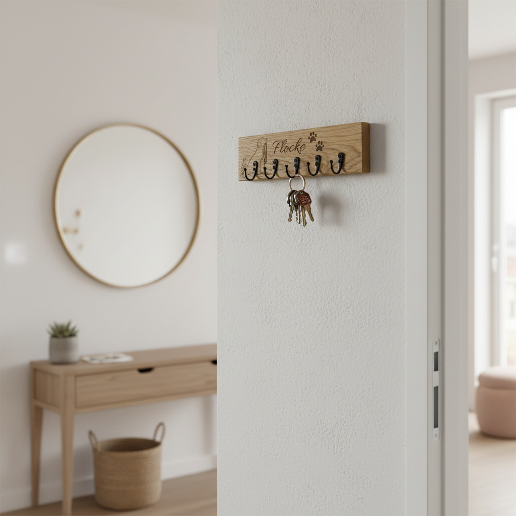 Hunde-Schlüsselbrett Eiche mit Foto- & Namensgravur – für Leine, Halsband & Schlüssel