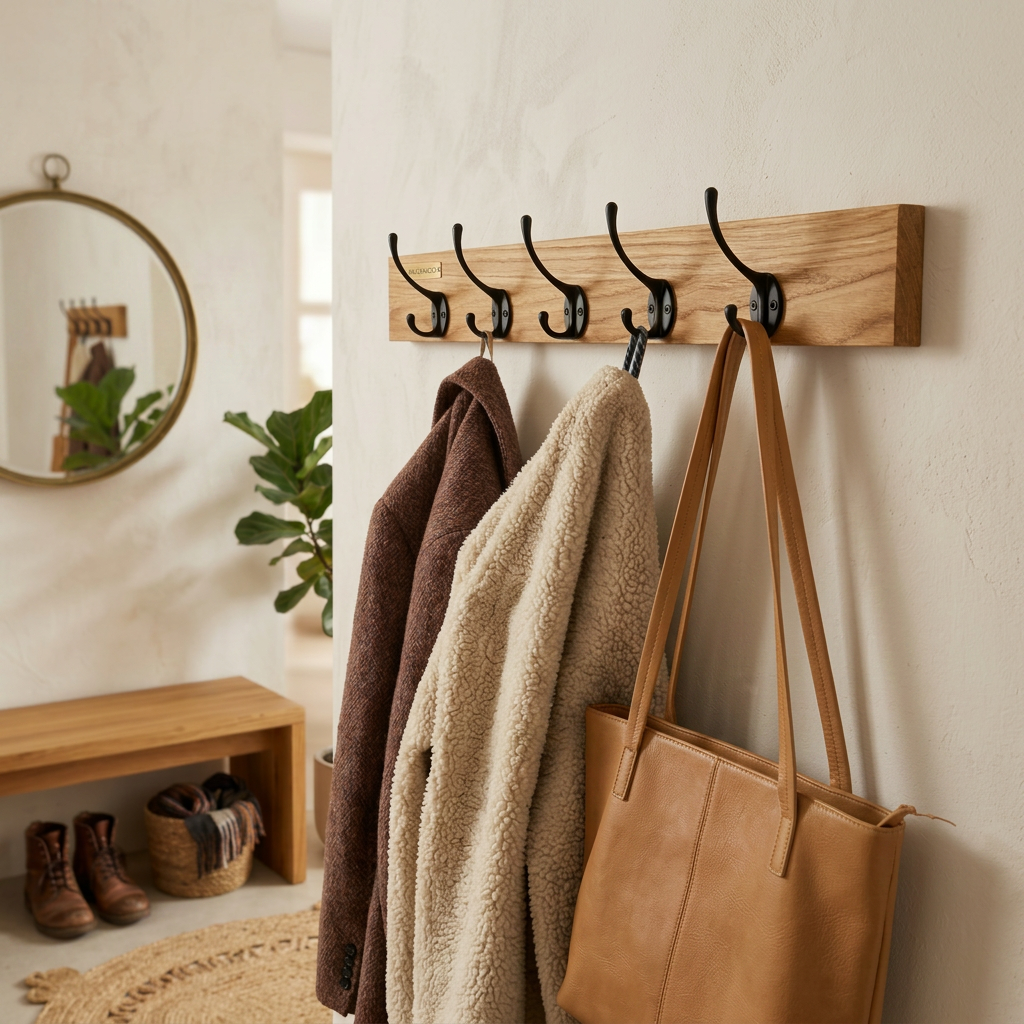 Wandgarderobe aus Eiche – schwarze Metallhaken, handgefertigt in Deutschland.