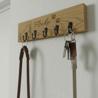 Hunde-Schlüsselbrett Eiche mit Foto- & Namensgravur – für Leine, Halsband & Schlüssel