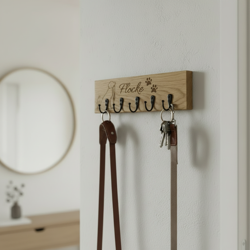 Hunde-Schlüsselbrett Eiche mit Foto- & Namensgravur – für Leine, Halsband & Schlüssel