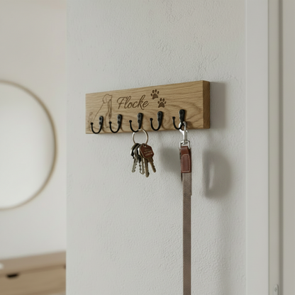 Hunde-Schlüsselbrett Eiche mit Foto- & Namensgravur – für Leine, Halsband & Schlüssel