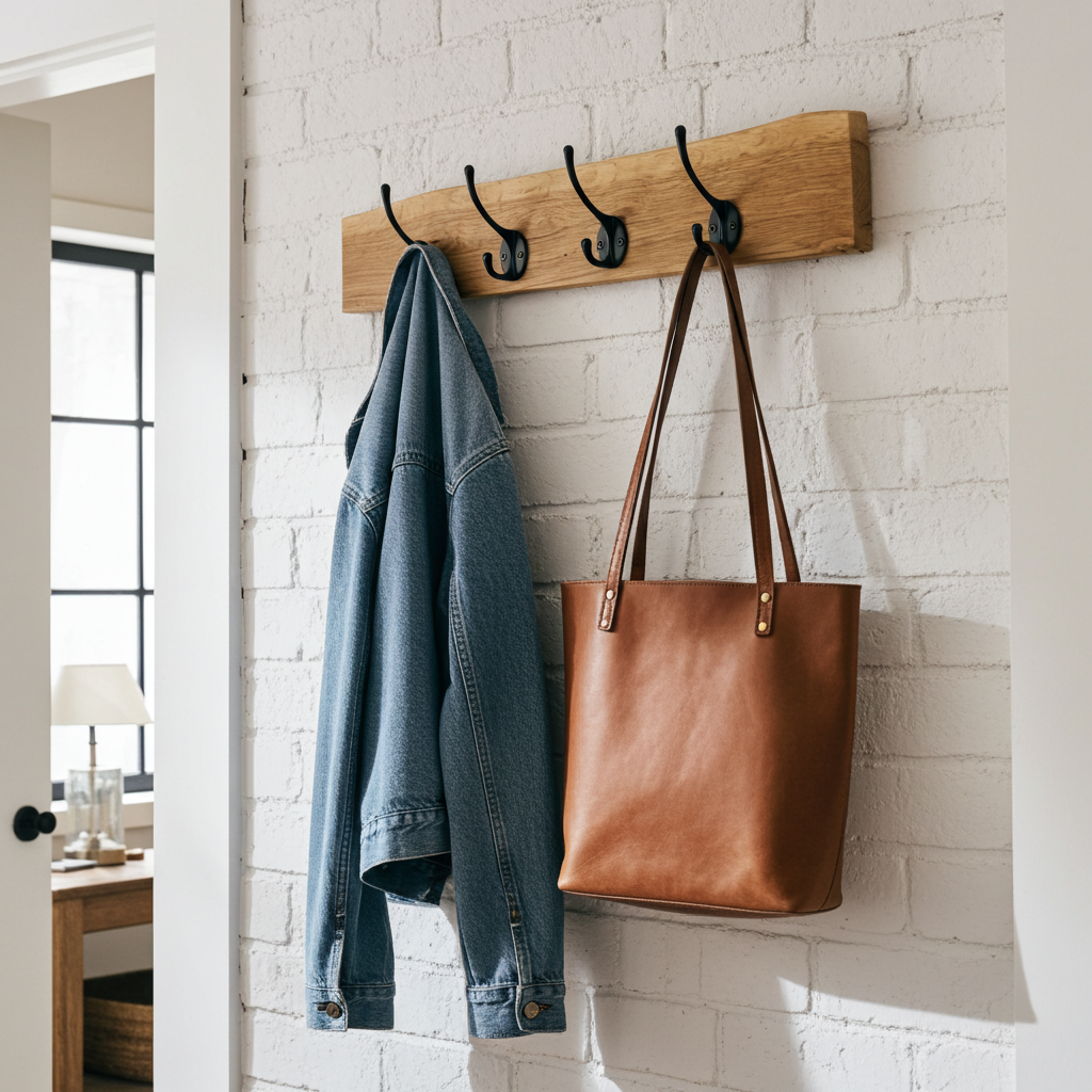 Garderobe mit rustikaler Waldkante und schwarzen Schwanenhals Haken