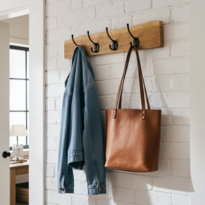 Garderobe mit rustikaler Waldkante und schwarzen Schwanenhals Haken