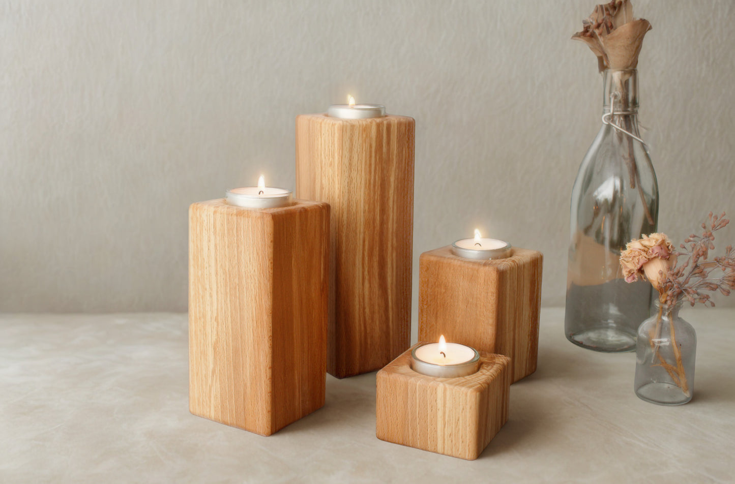 Teelichthalter aus Eichenvollholz Handgemachte I 4er Set Kerzenständer modern I Minimalistische Holz Deko I Geschenk