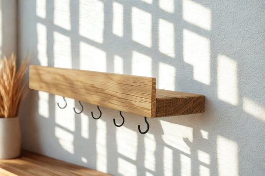 Schlüsselbrett Tavero aus Eiche mit Ablage & Haken – Wandregal aus Massivholz, handgefertigt, minimalistisch | modern